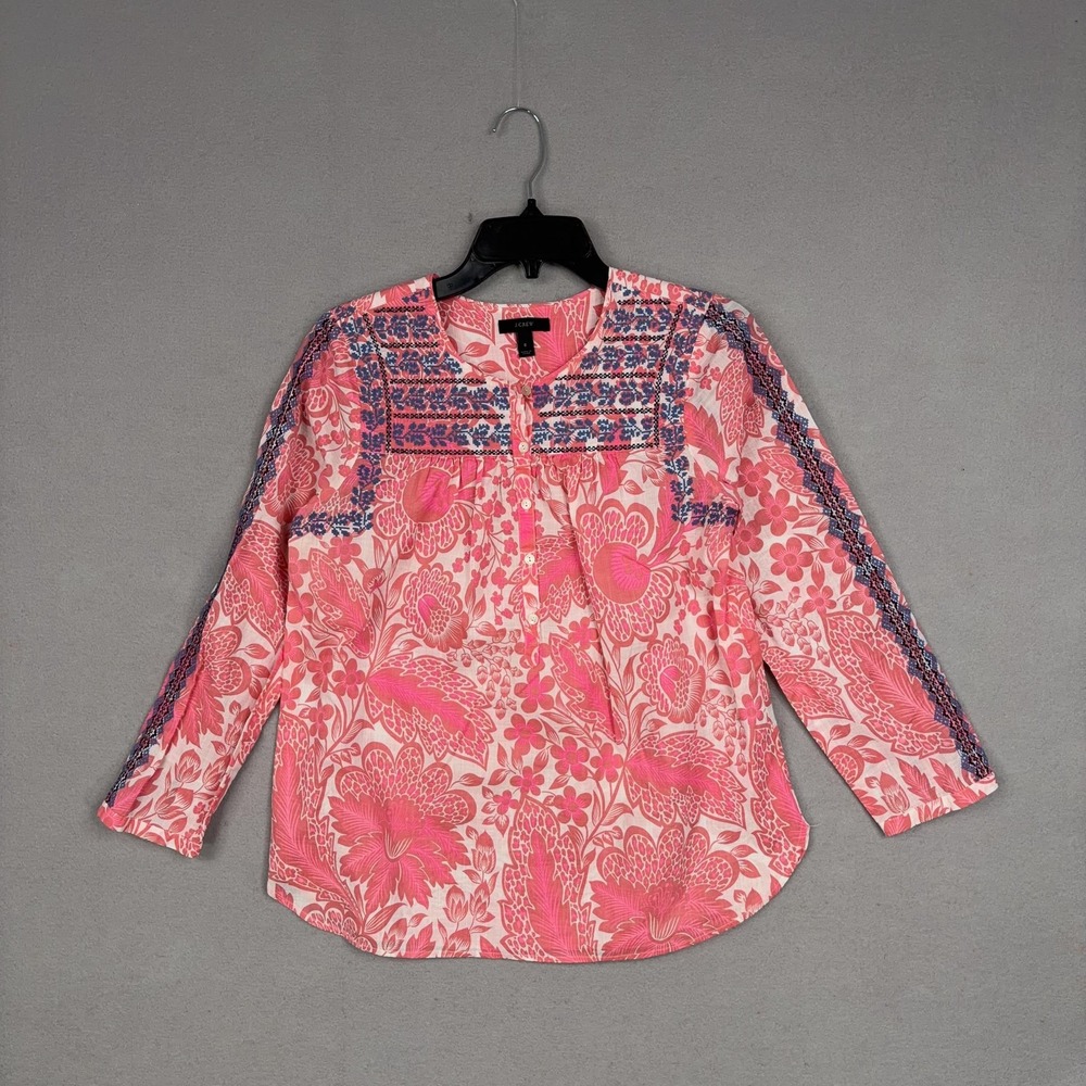 J Crew Shirt Womens 6 Pink Floral Embroidered Henley 3/4 Sleeve Tunic Boho Top